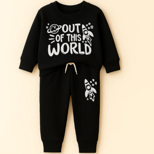 Kids Printed Fleece Tracksuit Out Of This World Black - Sunshine