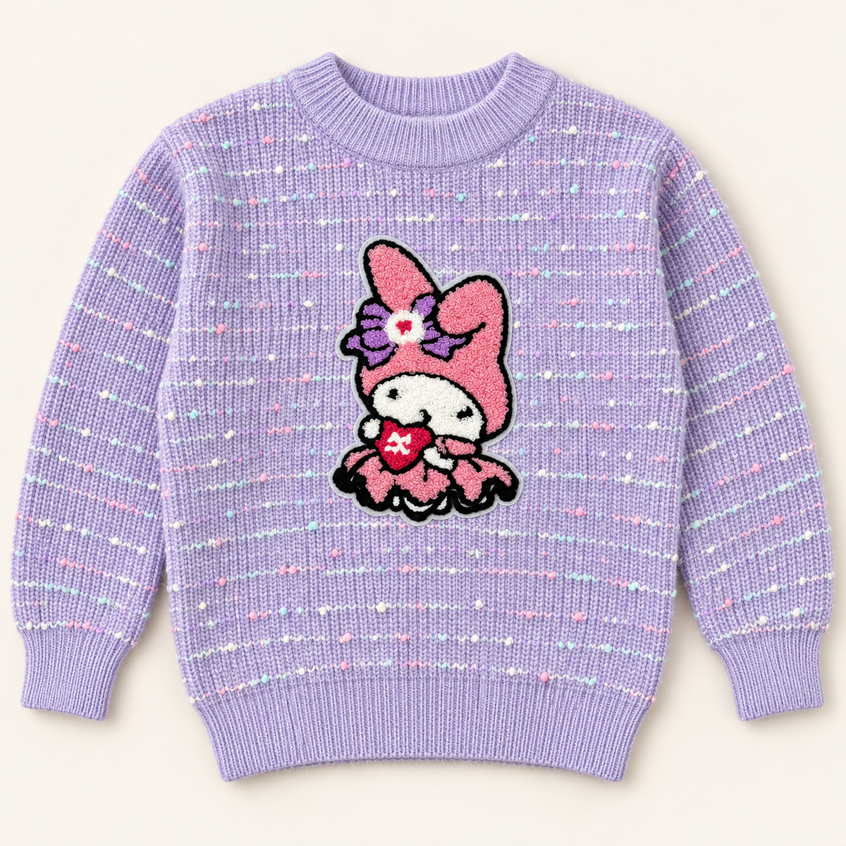 Girls’ Lavender Bunny Appliqué Knitted Winter Sweater