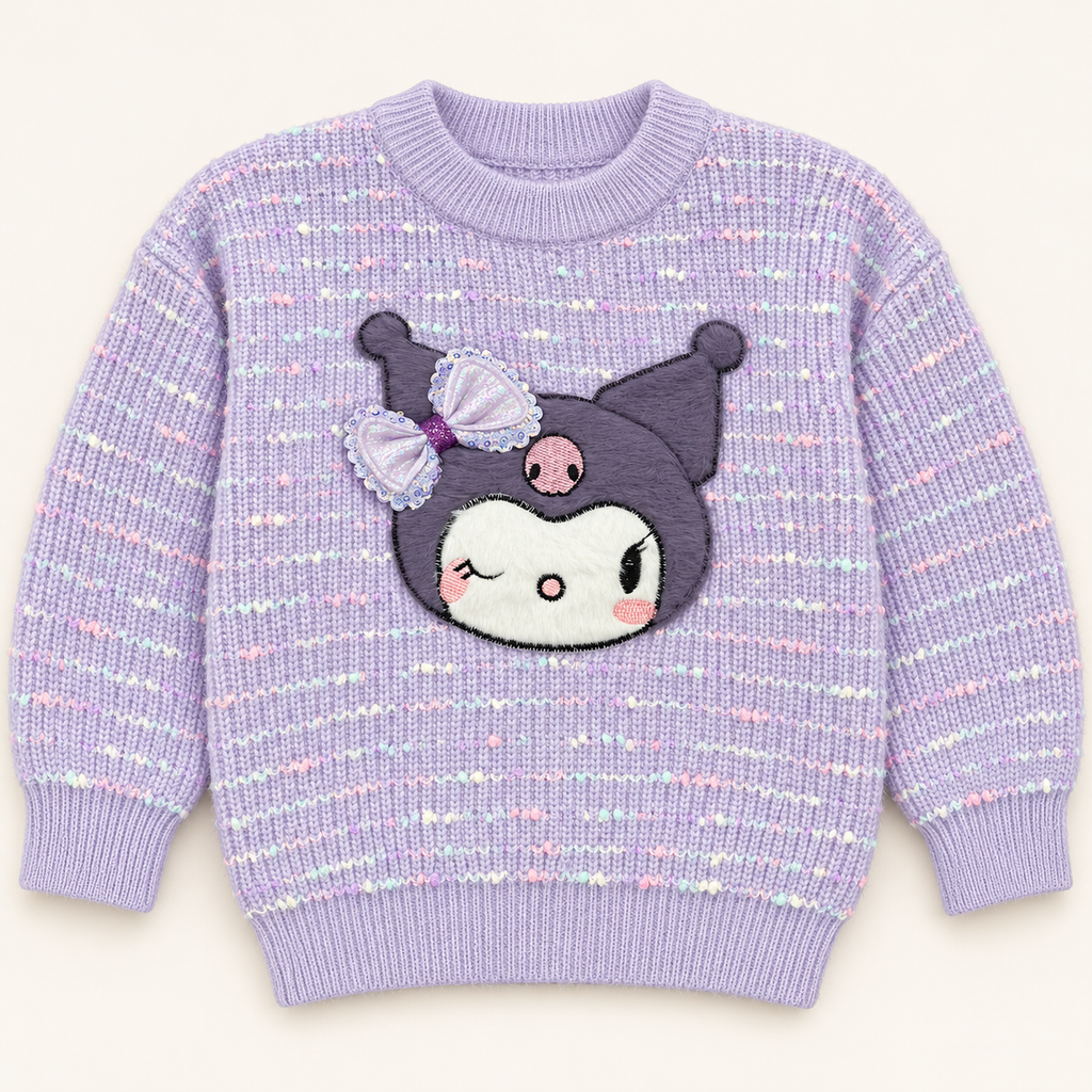 Girls’ Lavender Character Appliqué Knitted Winter Sweater with Bow