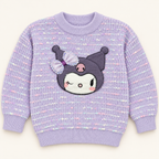 Girls’ Lavender Character Appliqué Knitted Winter Sweater with Bow
