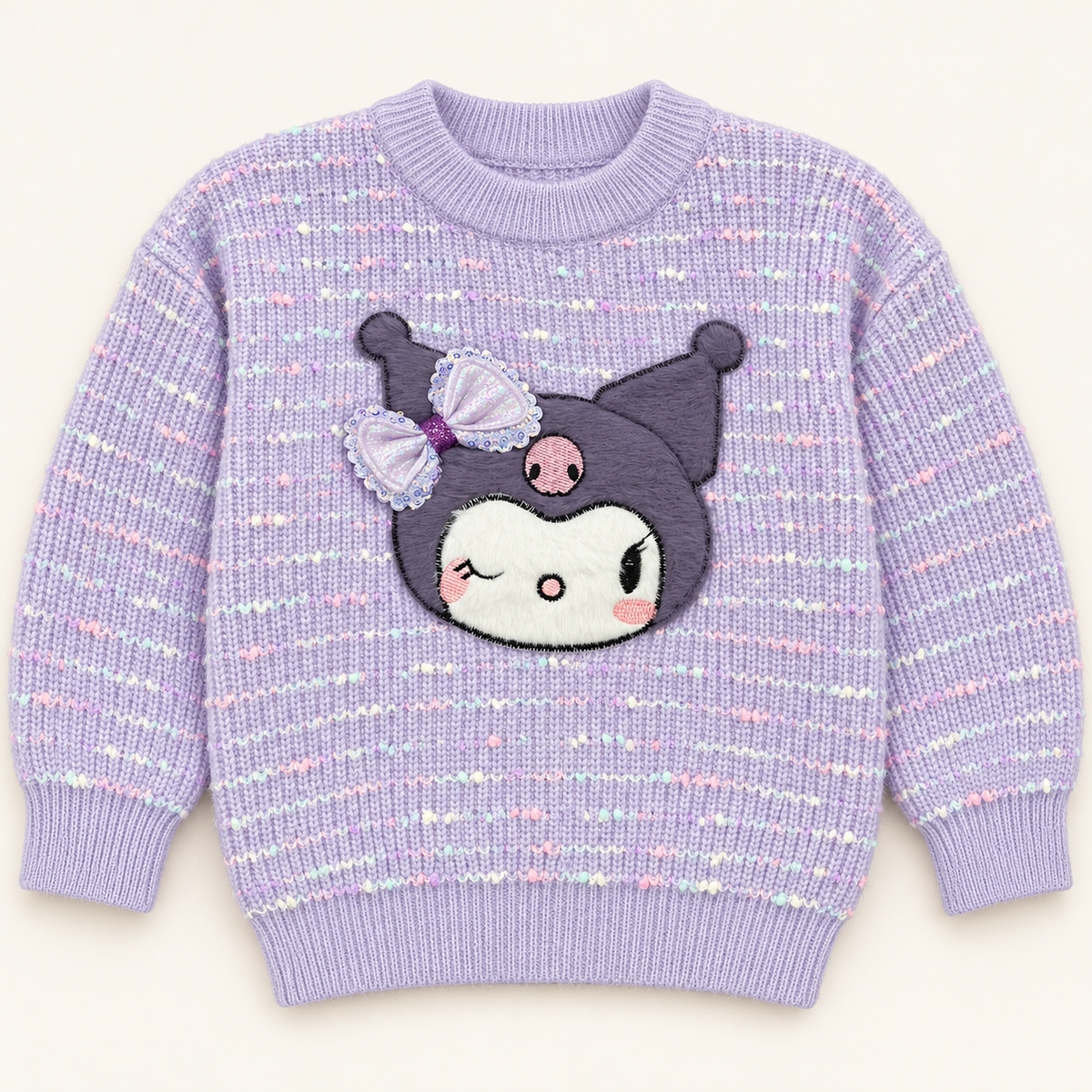 Girls’ Lavender Character Appliqué Knitted Winter Sweater with Bow