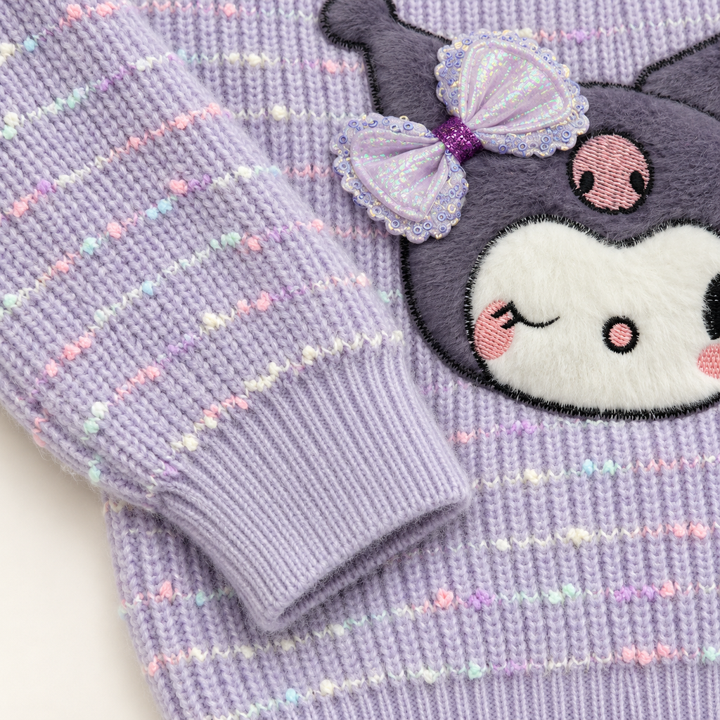Girls’ Lavender Character Appliqué Knitted Winter Sweater with Bow