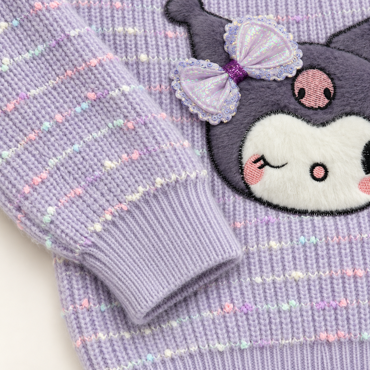 Girls’ Lavender Character Appliqué Knitted Winter Sweater with Bow