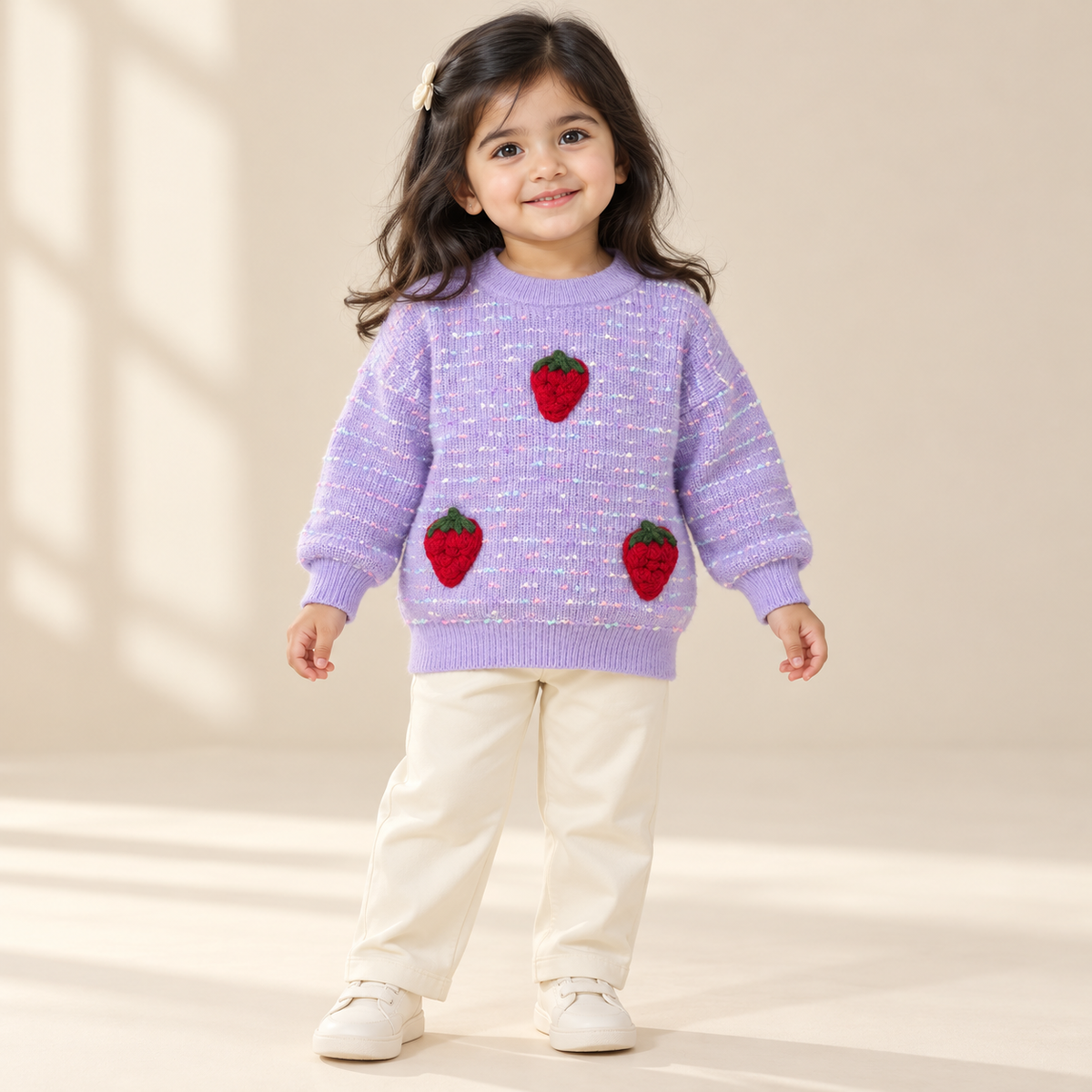 Girls’ Lavender Strawberry Appliqué Knitted Winter Sweater