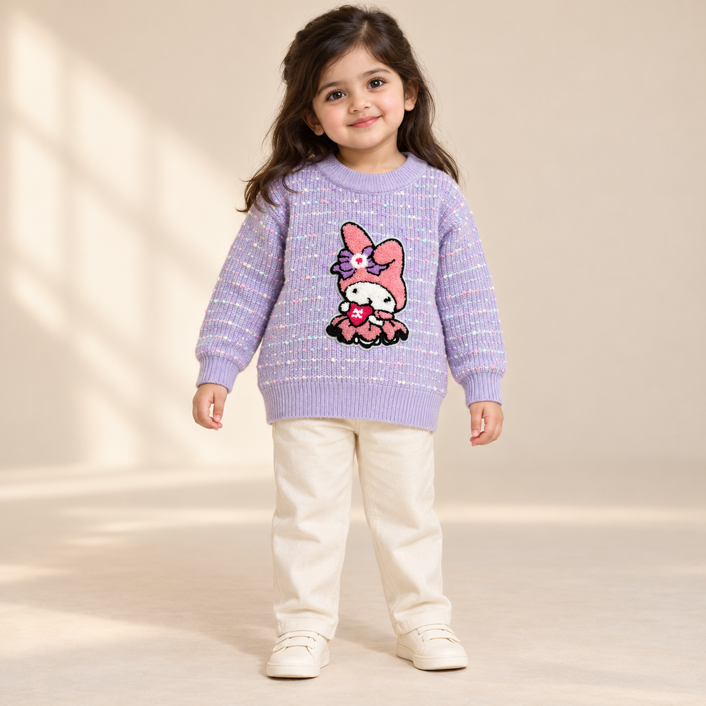Girls’ Lavender Bunny Appliqué Knitted Winter Sweater