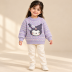 Girls’ Lavender Character Appliqué Knitted Winter Sweater with Bow