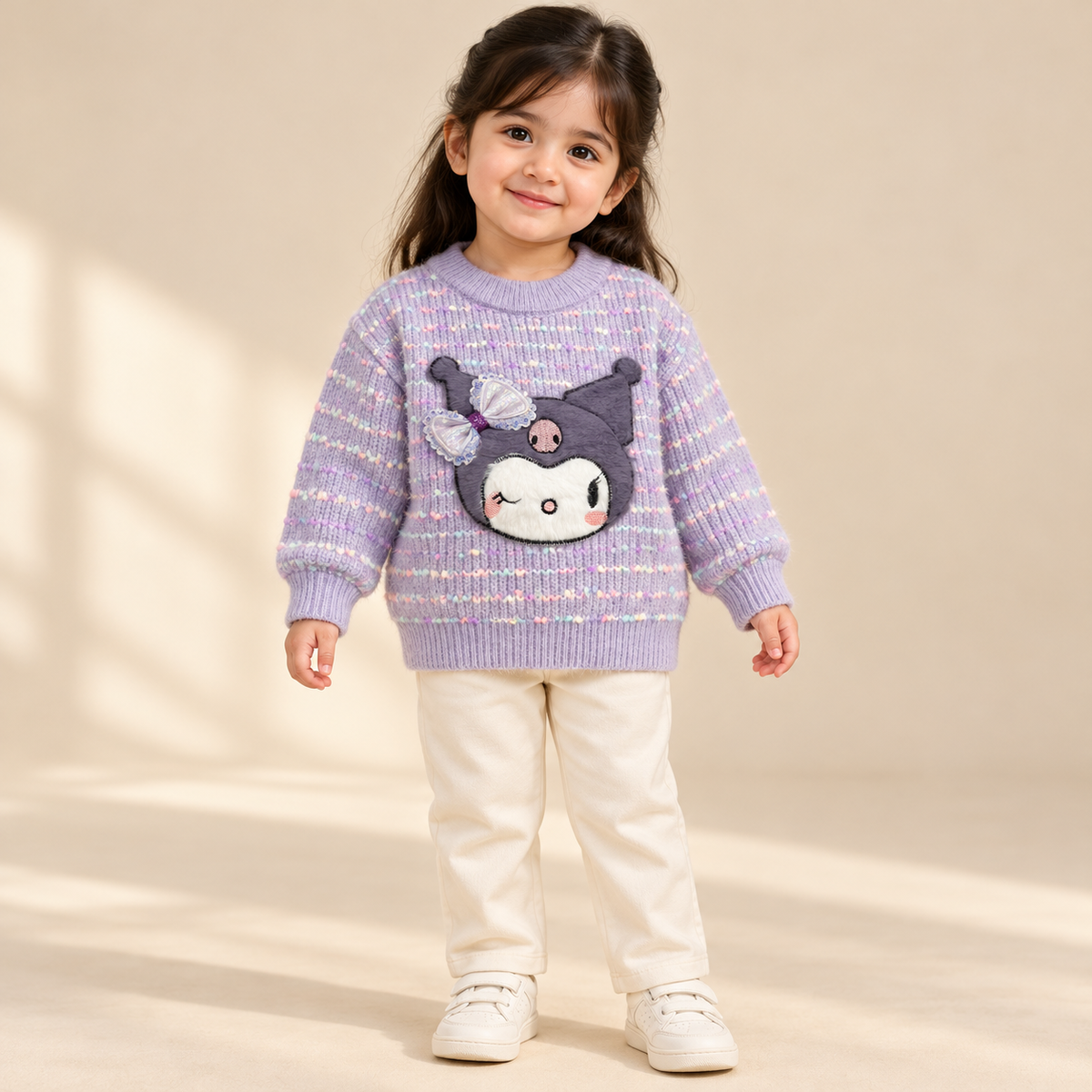 Girls’ Lavender Character Appliqué Knitted Winter Sweater with Bow