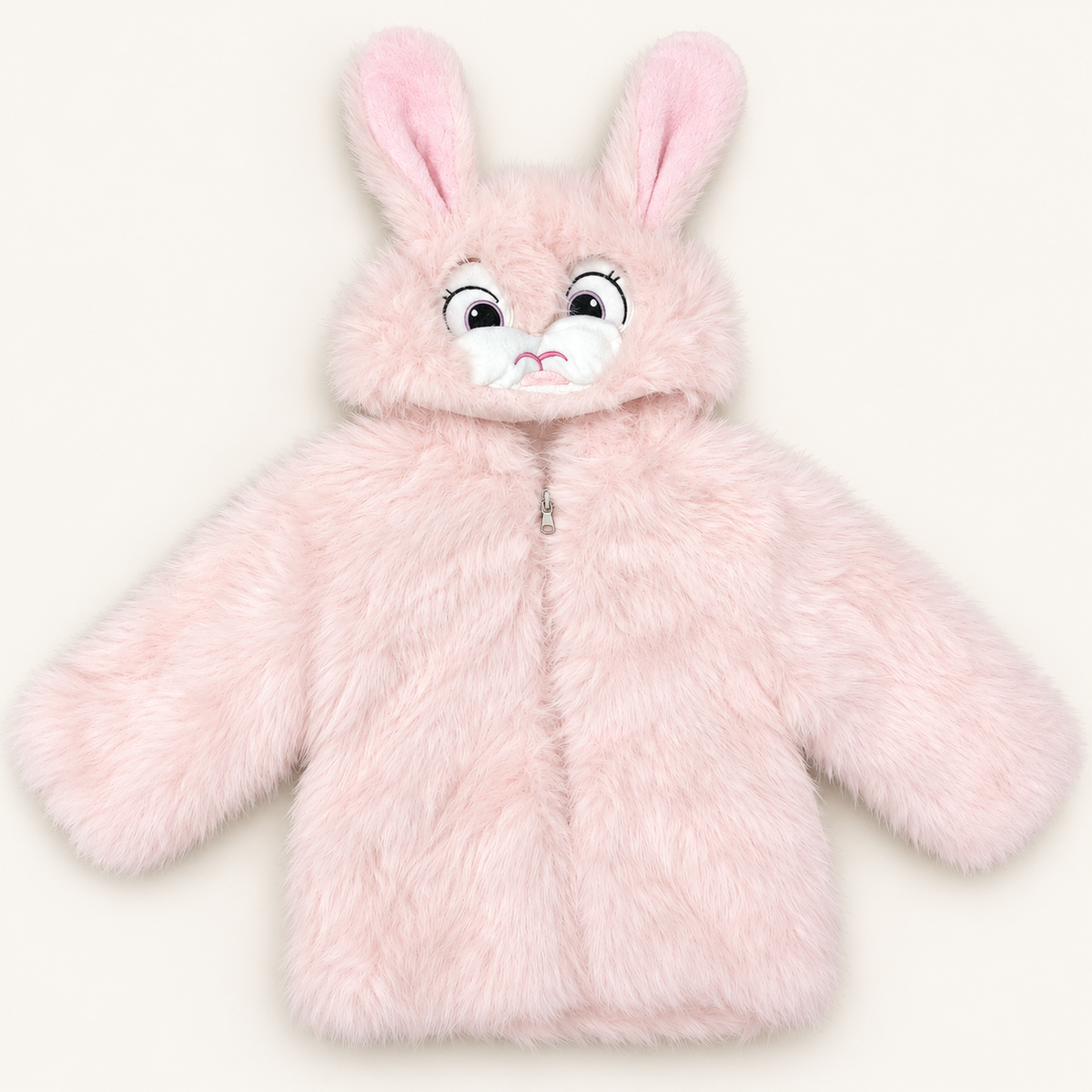 Baby Girls Light Pink Fluffy Bunny Hooded Faux Fur Jacket – Soft Winter Coat
