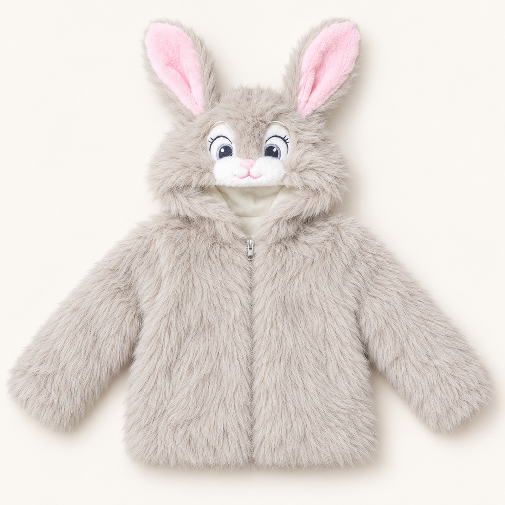Baby Girls Fluffy Bunny Hooded Faux Fur Jacket – Soft & Warm Winter Coat