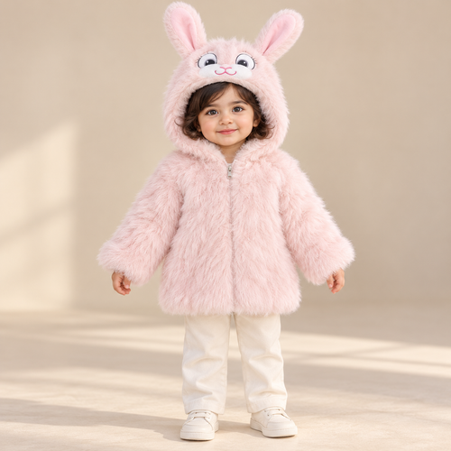 Baby Girls Light Pink Fluffy Bunny Hooded Faux Fur Jacket – Soft Winter Coat